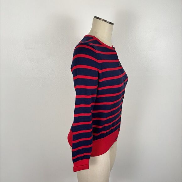 Lands' End Womens S Red Navy Blue Striped Cardigan Sweater Supima Cotton Knit - Picture 5 of 6